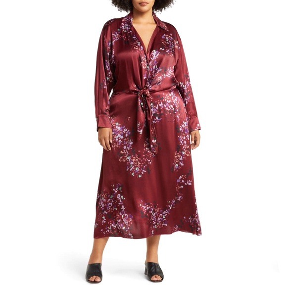 Vince Dresses & Skirts - Vince Satin Shirtdress Forsythia Long Sleeve Deep Red Floral Size 3X